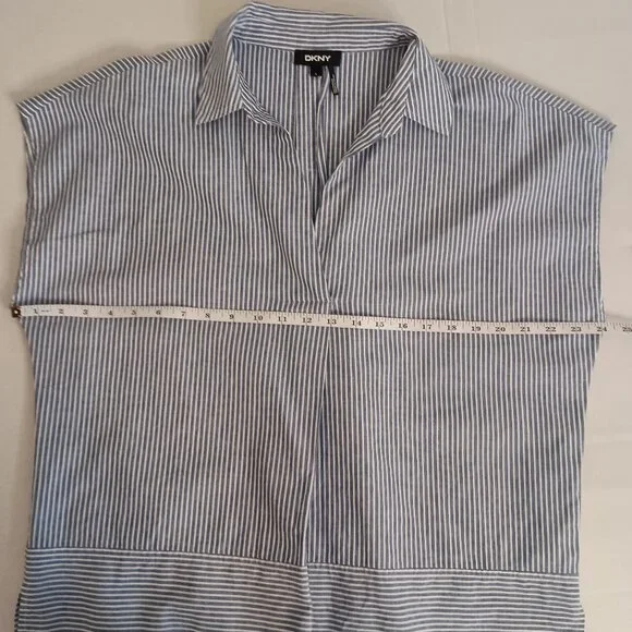 DKNY Comfy Blue White Stripe Linen Blend Sleeveless V-Neck Collared Shirt Wmn L - Picture 11 of 14